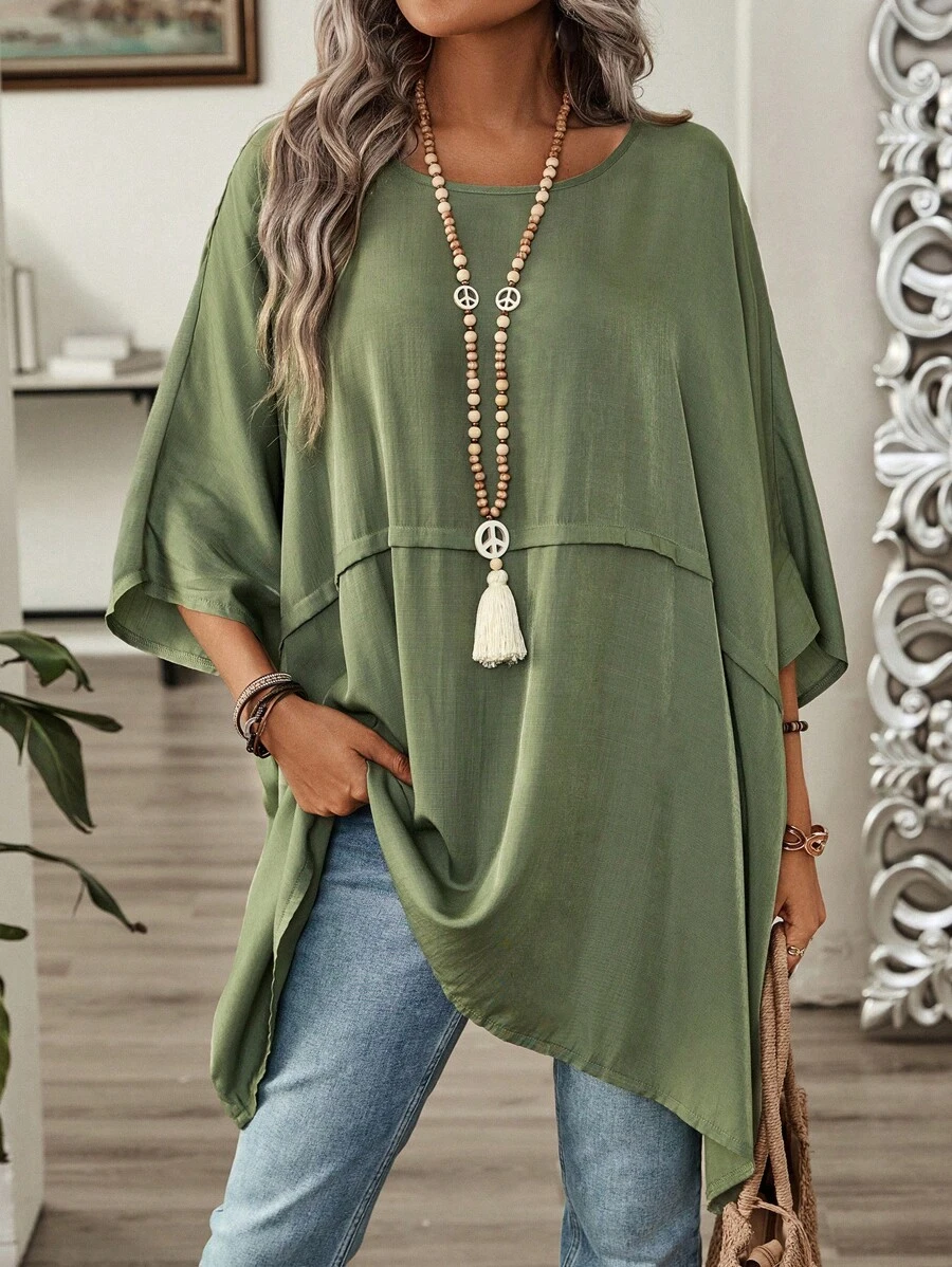 EMERY ROSE Women's Summer Solid Color Round Neck Batwing Sleeve Loose Casual Shirt - Green - View 1