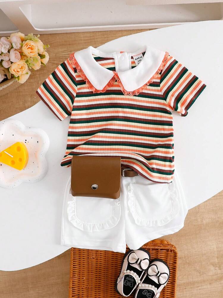 Baby Girl Colorful Casual Top With Lace Pocket Design, Fashionable And For Spring/Summer Outfits