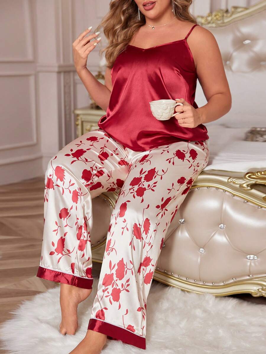 顏色塊花卉印花長褲和細肩帶背心加大尺碼女士睡衣套裝