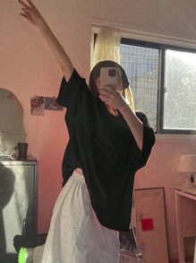 DAZY Women's Summer Loose-Fit Round Neck T-Shirt With Drop Shoulder Sleeves, Solid Color Oversized T-Shirt,Back To School Clothes