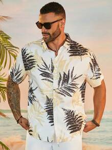 Manfinity Homme Conjunto casual de dos piezas para vacaciones, camisa de manga corta y pantalones cortos con estampado de palmeras para hombre de talla grande - Blanco - Ver 4