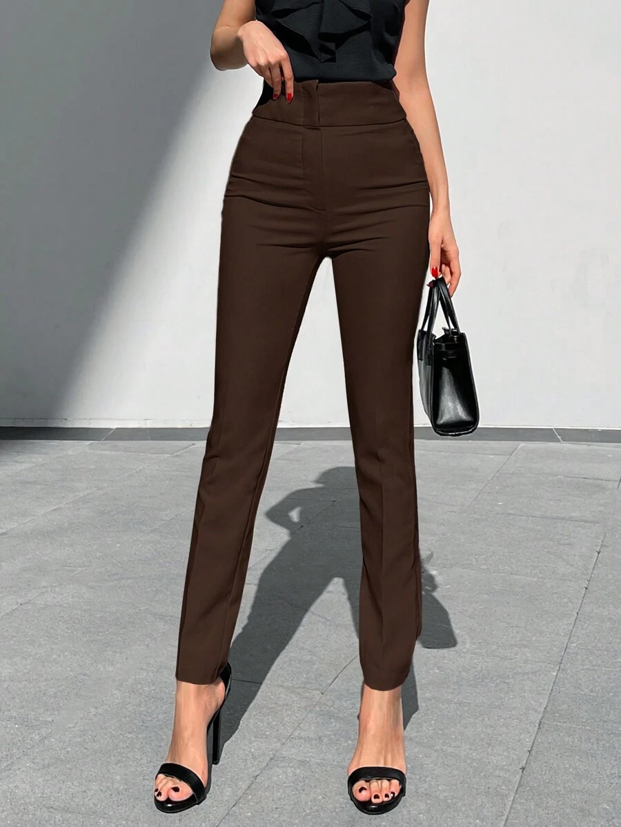 EURMUSE Solid Zipper Fly Skinny Pants - Chocolate Brown - View 1