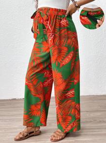 SHEIN Schwangere Frauen verstellbare Taille weite Bein Tropenpflanze bedruckte locker Hose für Schwangerschaft - Orange - Übersicht 1