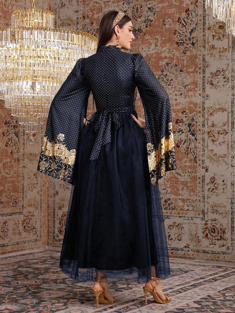 Women's Elegant Golden Printed Mesh Panel Cape Sleeve Dress For Spring/Summer Long Evening Dresses