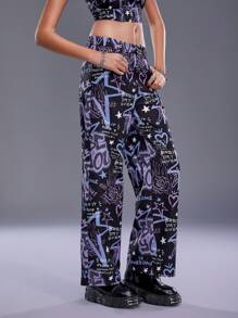 Nechines Artist Y2K 休闲印花高腰系带阔腿裤女式裤子，适合度假、休假、春季、节日、伊比沙岛装扮、西方服饰 - 黑色 - 查看 4