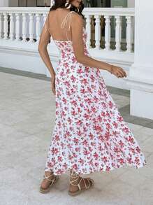 SHEIN VCAY Women's Summer Holiday Ditsy Floral Off-Shoulder Knot Front Dress, Elegant - Red and White - View 2