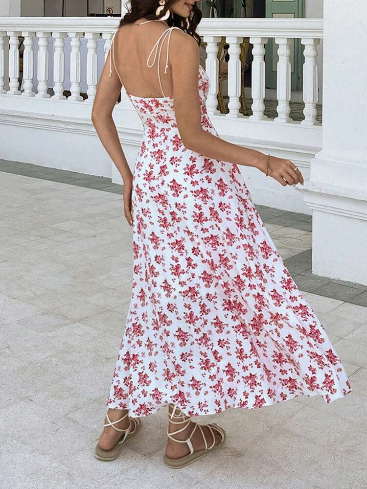 Women's Summer Holiday Ditsy Floral Off-Shoulder Knot Front Dress, Elegant