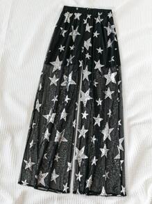 Soleia Pantalon large à taille élastique avec broderie de séquins noirs en étoile, style bohème pour femmes en vacances - Noir - Voir 3