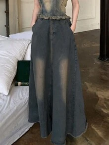 Chân váy mini denim giản dị đa năng dành cho nữ - Rửa tối - Xem 5