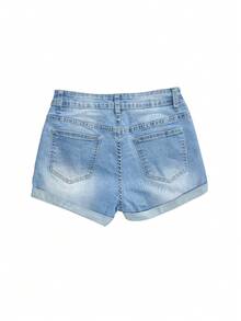 女士破口袋卷边 V 腰洗水牛仔短裤