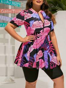 Swim Mulvari Plus Size Tropical Printed Short Sleeve Beach Top And Solid Color Shorts Swimsuit Set For Vacation,Summer Beach - Purple - View 5