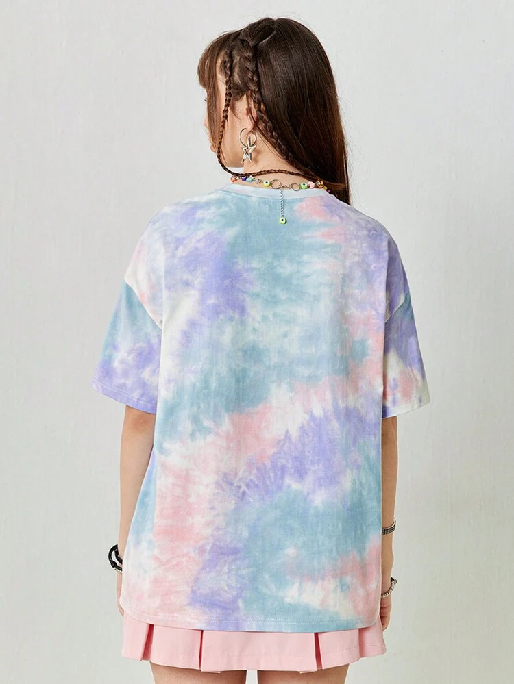 Women's Round Neck Off-Shoulder Short-Sleeved Tie-Dye Printed Loose Graphic Casual Street T-Shirt