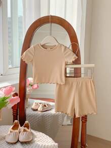 SHEIN LMoss Kids LMoss 6 件装女婴可爱简约针织纯色短袖上衣和松紧腰短裤套装 - 彩色 - 查看 3
