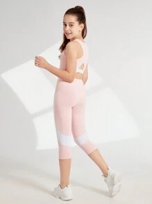 SHEIN Tween Girl Solid Color Simple Daily Sports Outfit - Pink - View 4