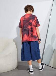 SHEIN 青少年男孩夏季休閒水洗印染表情短袖襯衫和牛仔短褲套裝 - 彩色 - 查看 6
