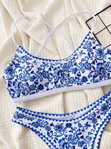 SHEIN Swim Damskie seksowne bikini z kwiatowym nadrukiem na wakacje, losowy nadruk