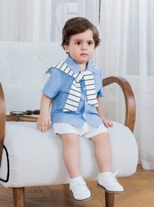 SHEIN 父親節家庭配對裝嬰兒男女，3件/套休閒夏季短袖印花襯衫、短褲和披肩，適合生日派對、洗禮、1歲生日慶祝會、晚會、表演、婚禮和其他場合