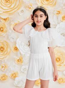 SHEIN Tween Girl Ruffle Layered Blouse & Short - White - View 6