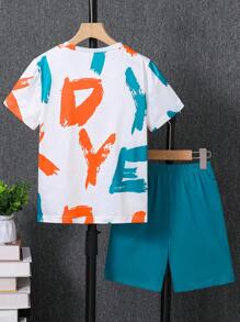 SHEIN 青少年男孩色彩印花圓領短袖T恤和純色短褲套裝 - 彩色 - 查看 2
