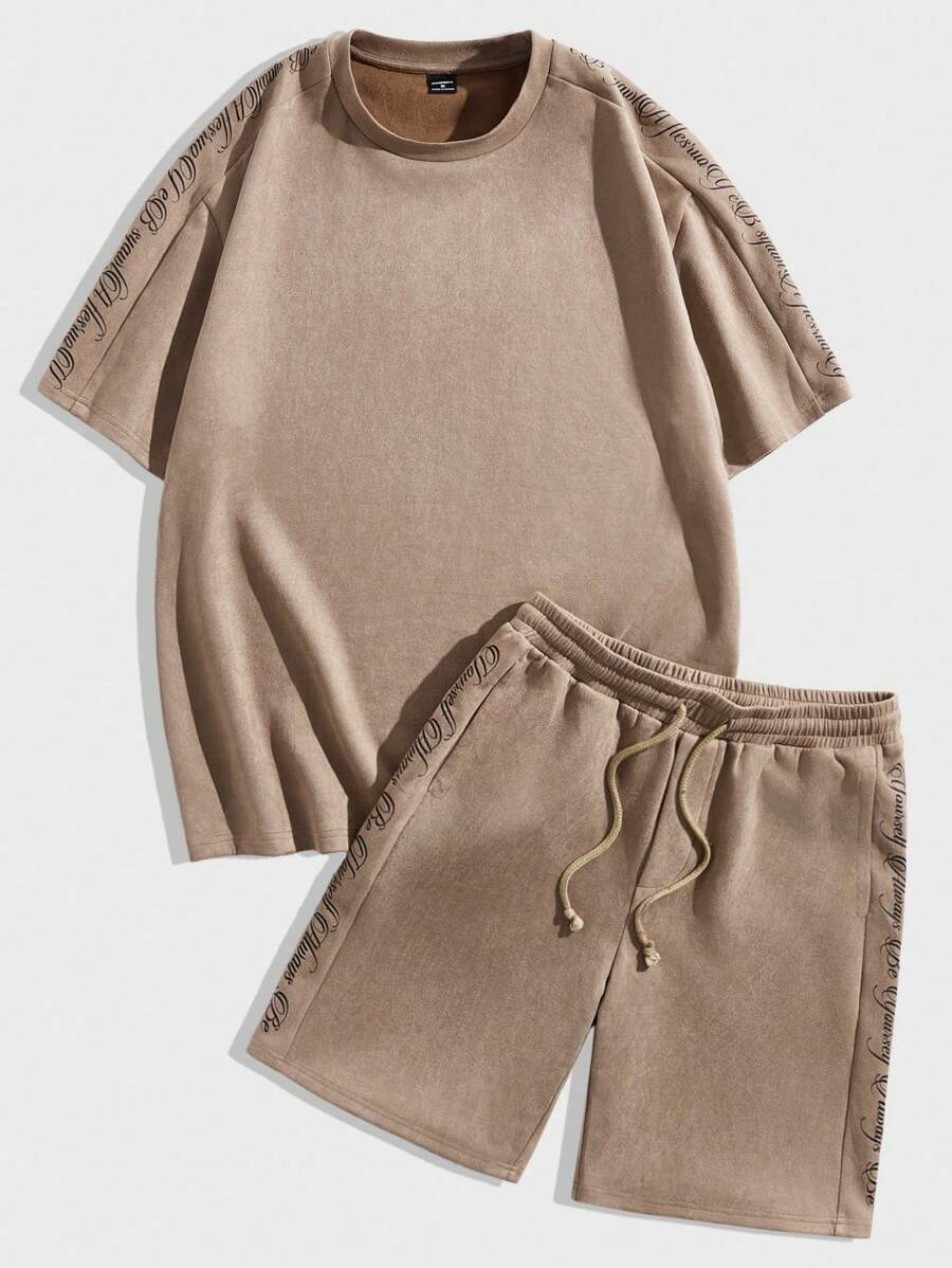Manfinity VCAY Nam Da lộn In thư Ngắn tay Áo thun Và Bộ quần short , Mùa hè - Màu Khaki - Xem 1