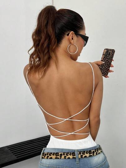 SHEIN EZwear Body alb fără spate, cu bretele spaghete, de vară, de culoare uni