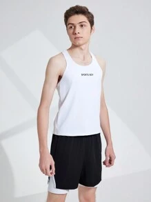 Teen Boy Summer Casual Letter Print Vest And Color Block Shorts Set, Sports Outfits - Black and White - View 4