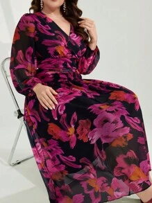 Modelyn Elegantes Kleid in großen Größen mit Ballonärmeln und floralem Allover-Muster mit geraffter Taille, Frühling/Sommer - Verschiedenfarbig - Übersicht 6