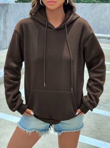 INAWLY Kangaroo Pocket Drop Shoulder Drawstring Hoodie,Long Sleeve Tops - Coffee Brown - View 3