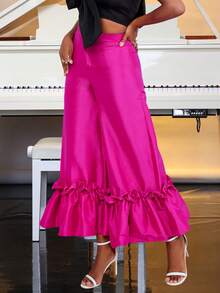Ruffle Trim Solid Color Loose Wide Leg Elegant Party Pants, For Wedding Guest - Hot Pink - View 4