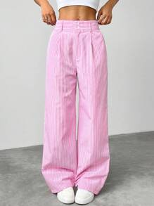 SHEIN EZwear Pantalon droit décontracté à rayures roses pour un style décontracté à la maison - Rose bonbon - Voir 1