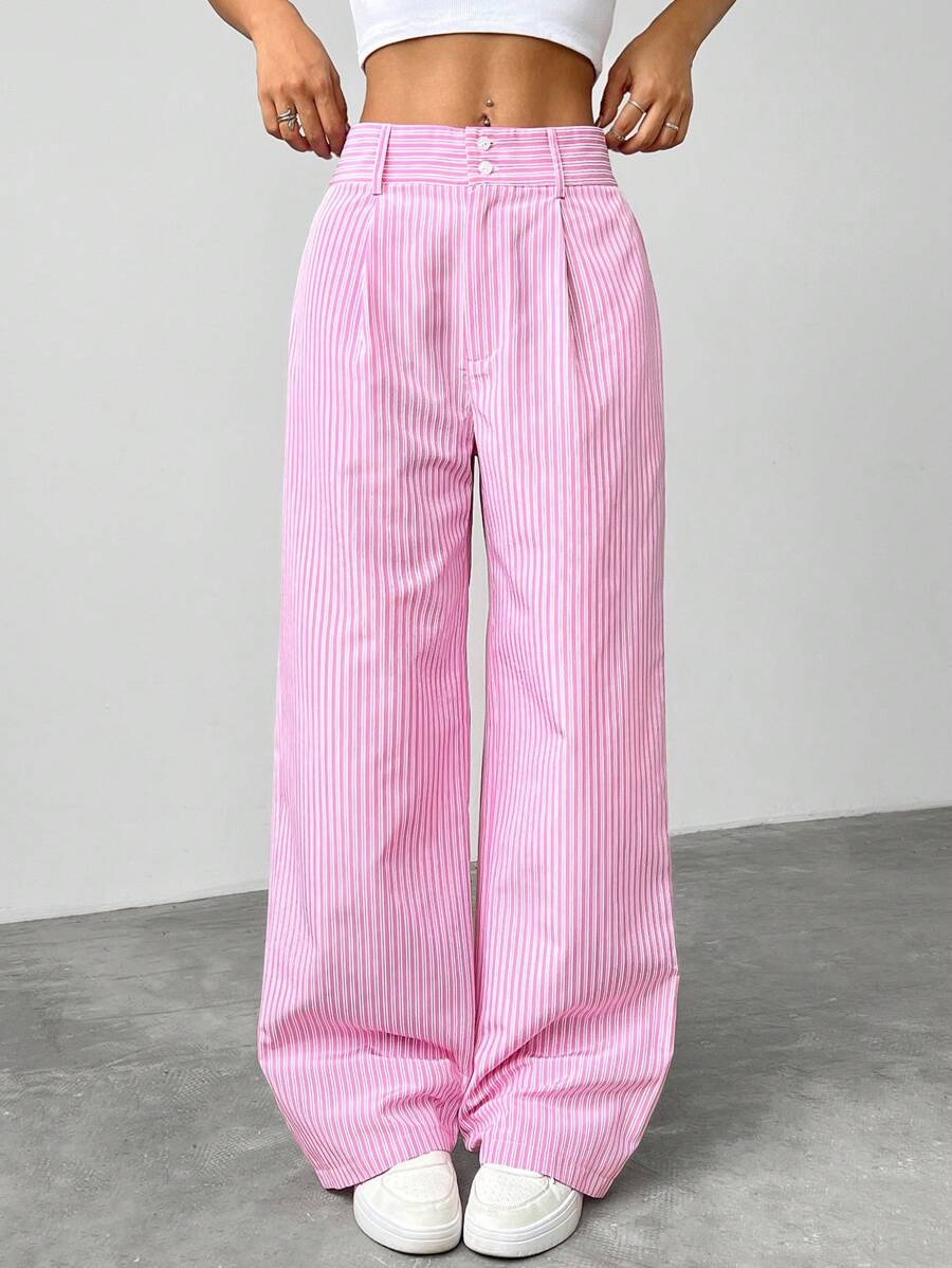 SHEIN EZwear Pantalon droit décontracté à rayures roses pour un style décontracté à la maison - Rose bonbon - Voir 1