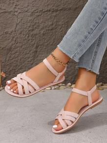 Giày sandal đế bằng quai chéo màu trơn kaki/hồng/beige thời trang dành cho nữ cỡ lớn, thích hợp cho trang phục thường ngày, đi nghỉ mát, đi biển và trang phục mùa hè. - Bụi hồng - Xem 7