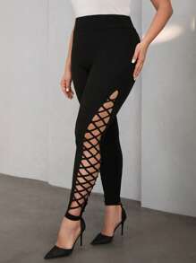 Firerie Plus Size Hollow Out Design Leggings With Straps - Black - View 7