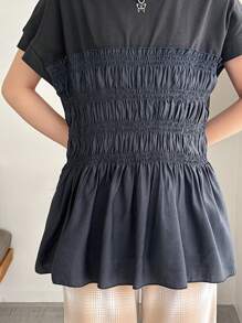 FRIFUL Women's Summer Solid Color Round Neck Short Sleeve T-Shirt With Ruffled Hem