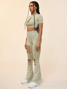 SHEIN Ladies' Solid Color Simple Daily Wear Hollow Out Short Sleeve Top And Long Pants Sports Set - Green - View 2