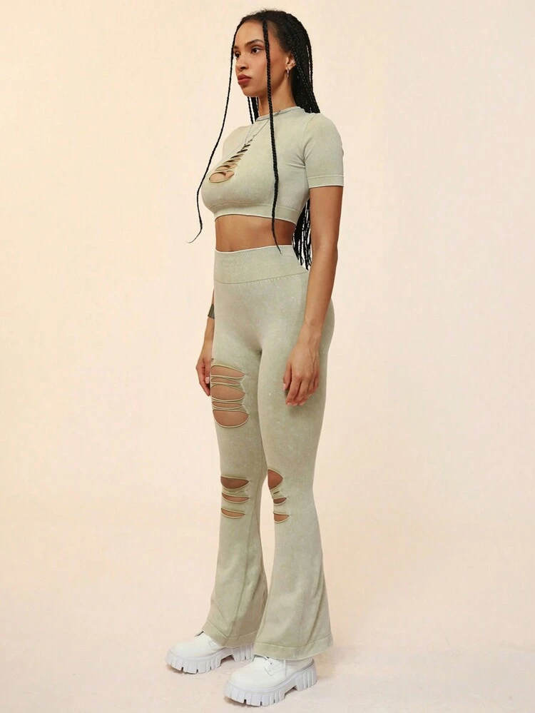 Ladies' Solid Color Simple Daily Wear Hollow Out Short Sleeve Top And Long Pants Sports Set