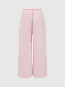 ROMWE Casual Loose Straight Pants For Women, Striped Tie Waist Linen Trousers For Home And Daily Wear, School - Pink - View 2