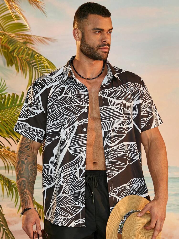 Plus Size Men's Asymmetric Digital Printed 2-Piece Set Shirt Co-Ords