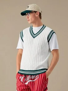 SWAVVY Men Striped Trim Cable Knit Sweater Vest,Back To School - White - View 1