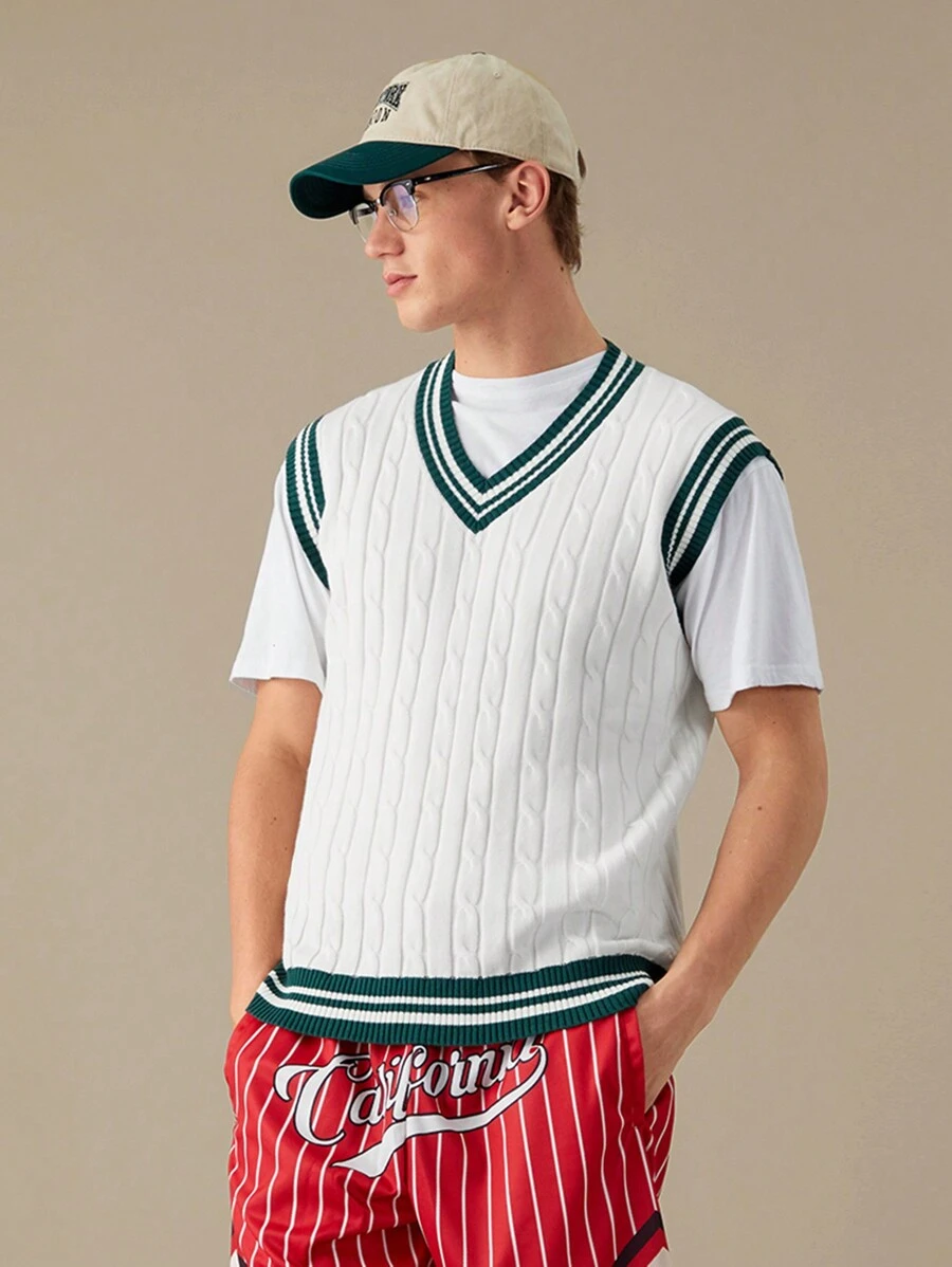 SWAVVY Men Striped Trim Cable Knit Sweater Vest,Back To School - White - View 1