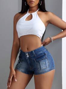 SHEIN SXY Women's Slim Fit Denim Shorts With Pockets, Workwear