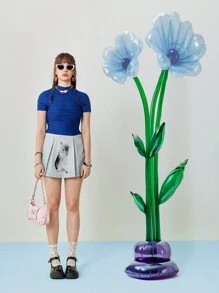 SHEINNeu Wąski damski letni, krótki t-shirt z teksturowanej tkaniny z okrągłym dekoltem - Niebieski - Zobacz 6