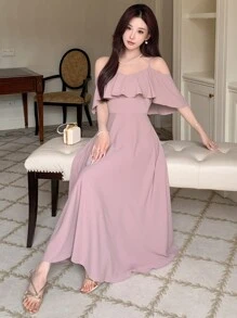 xheDAZY Vestido de verano elegante de mujer con hombros abiertos, silueta evasé y cinturón en la cintura. Vestido ideal para cumpleaños, Año Nuevo o fiesta de graduación, con volantesxhe - Rosa - Ver 3
