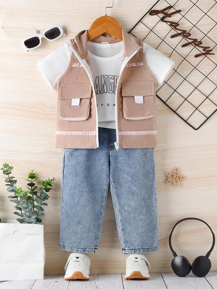 Baby Boy Summer Workwear Hooded Vest And Pocket Jeans Set, 3pcs, Summer