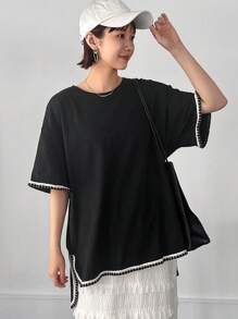 FRIFUL Women's Summer Loose Round Neck T-Shirt With Wide Sleeves And Cuff Splice Design