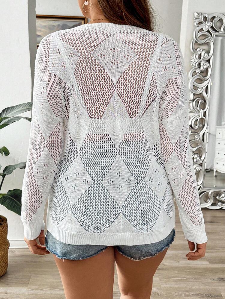 Plus Size Women Simple Solid Color Long Sleeve Hollow Out Pullover Sweater Knit Pullover Fall Winter