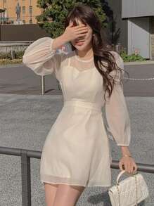 DAZY Vestido corto de verano de manga abullonada para mujer con cintura ajustada y manga larga - Blanco - Ver 9