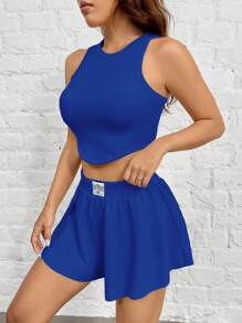 SHEIN EZwear Ensemble pour femmes tricoté en coupe ajustée de couleur bleu royale - bleu indigo - Voir 4