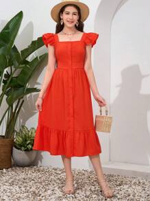 SHEIN Teen Girl Woven Ruffled Flutter Sleeve Open-Front Belted Holiday Dress