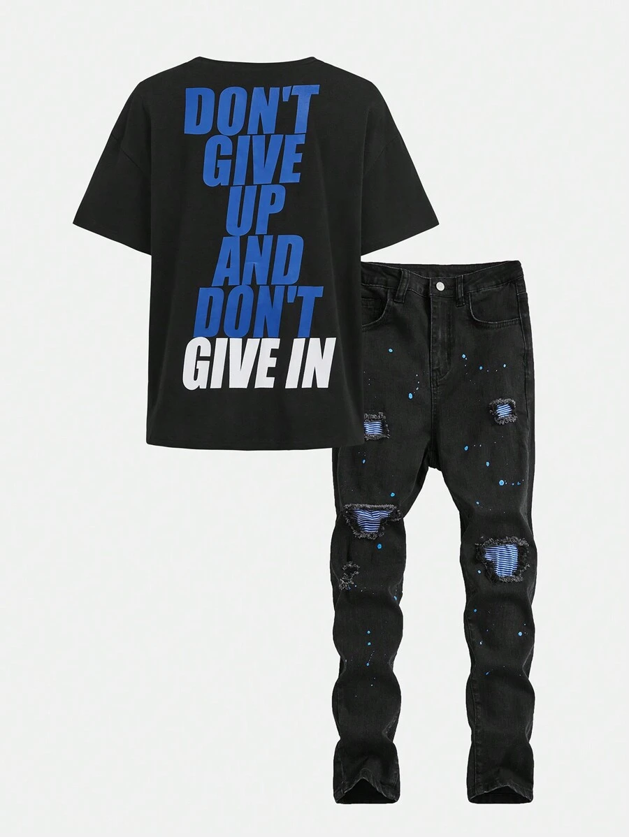 Tween Boy Casual Slogan Printed Short Sleeve T-Shirt With Ink Splatter Ripped Jeans Set - Multicolor - View 1